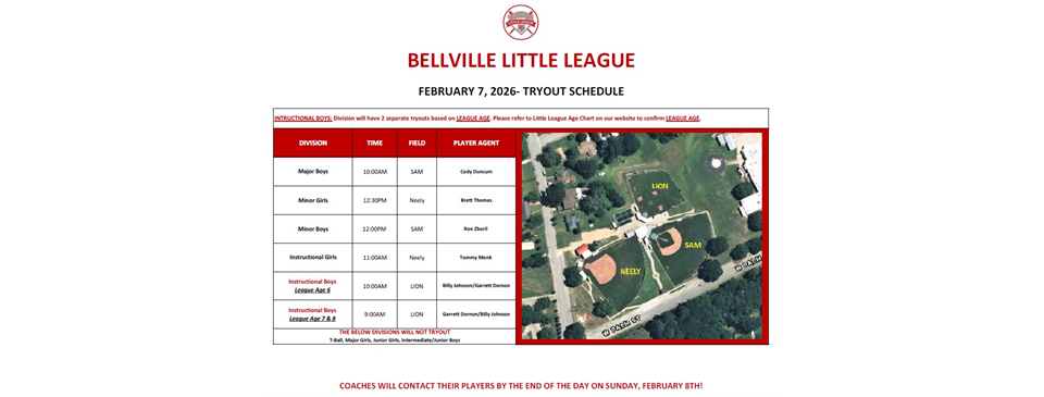 2026 BLL Tryout Schedule
