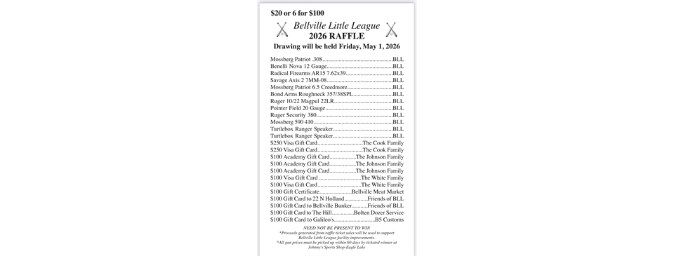 2026 BLL Raffle Tickets Available Now!!